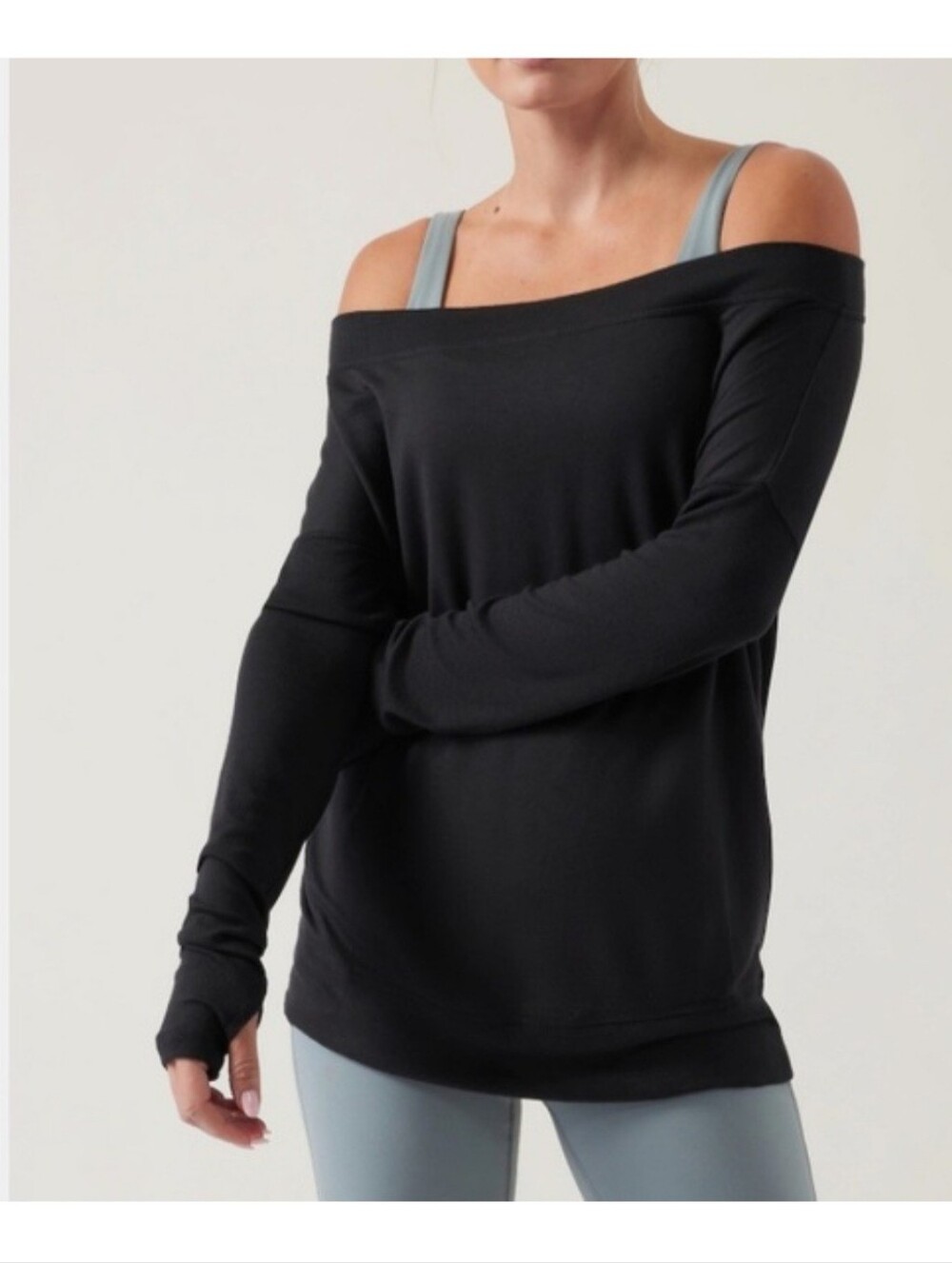 Athleta Black Off Shoulder Long Sleeve Sweater With Thumb Holes - Picture 1 of 6